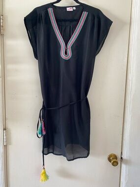 Black Embroidered V-Neck Mini Dress with Tassel Tie